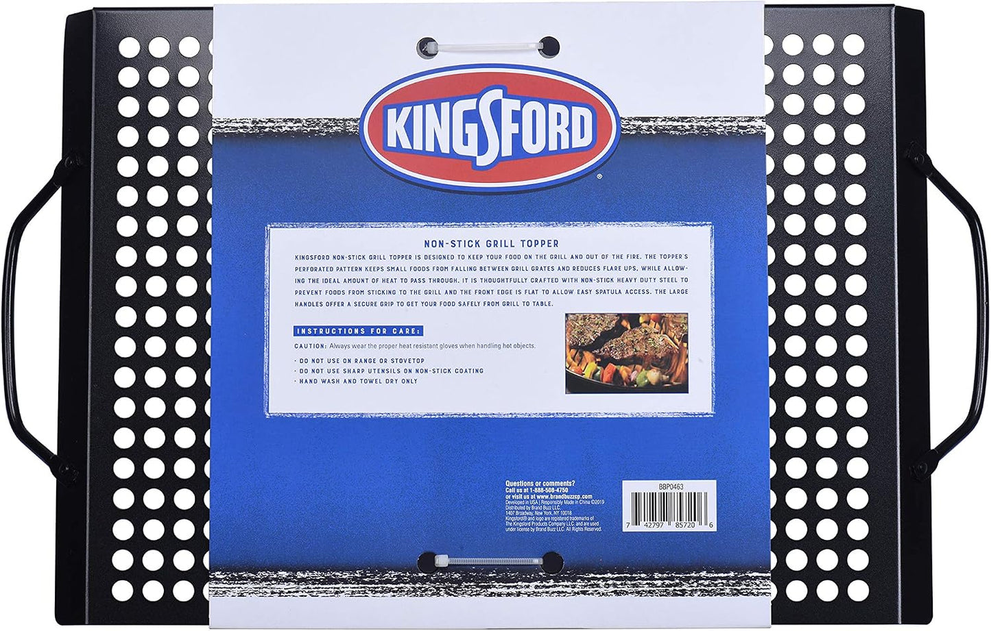 Kingsford Non-Stick Grill Topper Pan, Heavy Duty Carbon Steel BBQ Grilling Tray with Handles, Perforated Surface Helps Keep Small Foods from Falling Through Grates, 15.55 x 11.05 Inch