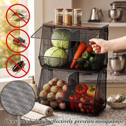 Teenyyou 2 Pcs Stackable Mesh Fruit Basket with Lid Wall Produce Vegetable Storage Basket Onion Potato Hanging Metal Wire Container for Kitchen Counter Pantry(Non-removable,Black,8.3" w & 13.8" l)