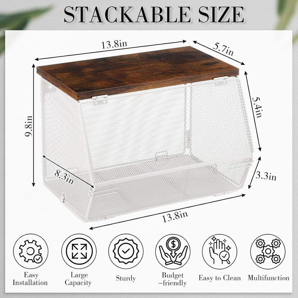 Teenyyou 2 Pcs Stackable Mesh Fruit Basket with Lid Wall Produce Vegetable Storage Basket Onion Potato Hanging Metal Wire Container for Kitchen Counter Pantry(Non-removable,Black,8.3" w & 13.8" l)