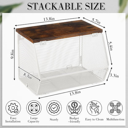 Teenyyou 2 Pcs Stackable Mesh Fruit Basket with Lid Wall Produce Vegetable Storage Basket Onion Potato Hanging Metal Wire Container for Kitchen Counter Pantry(Non-removable,Black,8.3" w & 13.8" l)