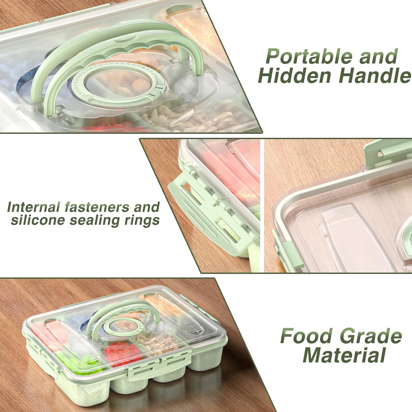 Snackle Box Container - Dishwasher Safe Divided Serving Tray with Lid and Handle for Fruits, Charcuterie, Nuts and Candy, Snack Containers Perfect for Travel Party Picnic, 2 Pack Green