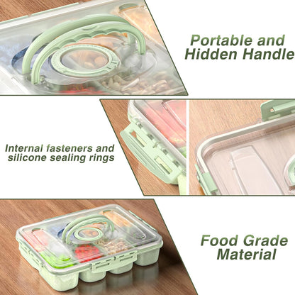 Snackle Box Container - Dishwasher Safe Divided Serving Tray with Lid and Handle for Fruits, Charcuterie, Nuts and Candy, Snack Containers Perfect for Travel Party Picnic, 2 Pack Green