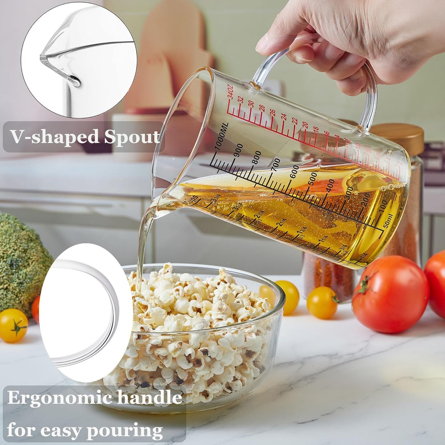 Ackers BORO3.3 Measure Glass -[Insulated handle | V-Shaped Spout]-Made of High Borosilicate Glass Measuring for Kitchen or Restaurant, Easy to Read, 60 ML (2 Oz) 丨(2 Pack)