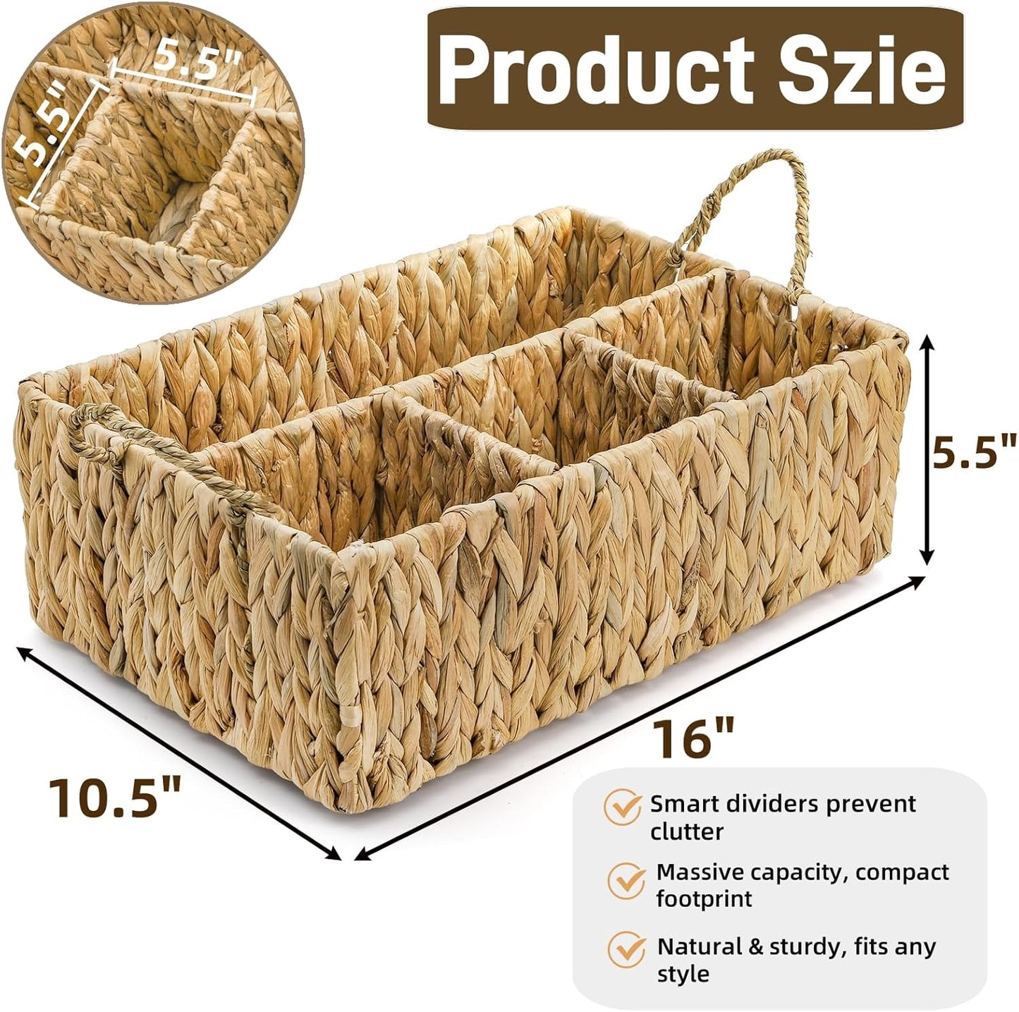 Divided Water Hyacinth Storage Basket, 4 Section Natural Wicker Storage Bin, Woven Storage Organizer with Handle, Large Basket for Shelves Countertop Bathroom Pantry, 16" L x 10.5" W x 5.5" H
