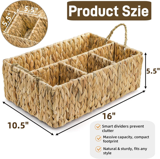 Divided Water Hyacinth Storage Basket, 4 Section Natural Wicker Storage Bin, Woven Storage Organizer with Handle, Large Basket for Shelves Countertop Bathroom Pantry, 16" L x 10.5" W x 5.5" H
