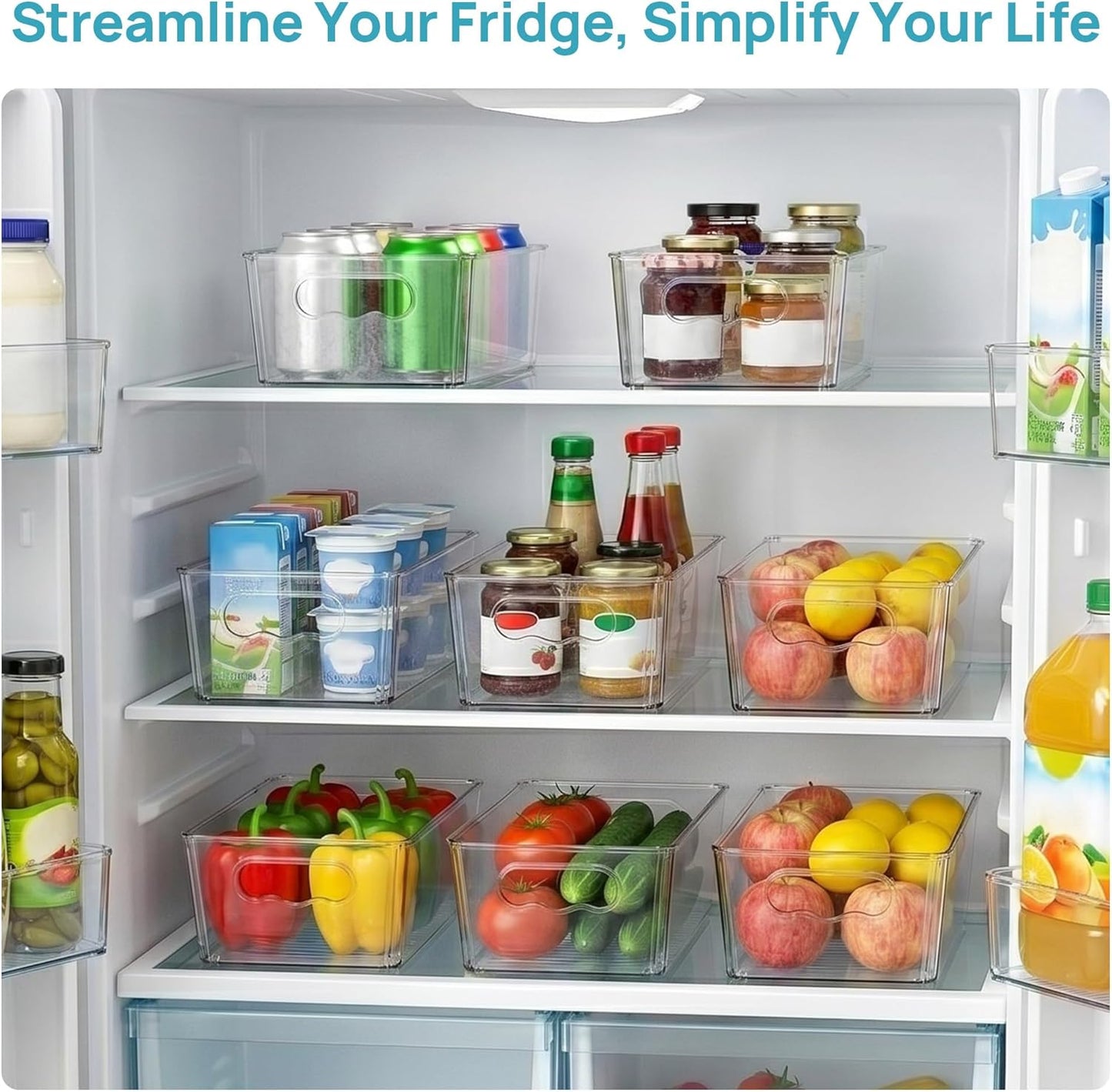 Vtopmart 8pcs Clear Organizers and Storage Bins with Lids, Stackable Plastic Storage Containers with Handles for Fridge, Freezer, Pantry, Cabinet, Kitchen Organization