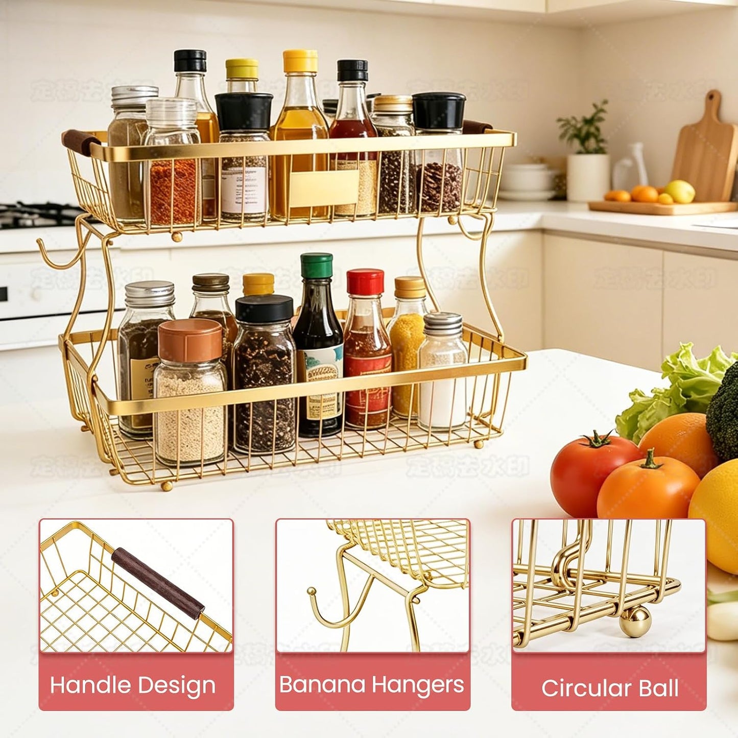 2-Tier Stackable Wire Basket with 2 Banana Hooks, Pantry Organizer for Kitchen Countertops, Cabinets & Under-Sink Spaces; Ideal for Storing Snacks, Fruits, Veggies, Onions, Potatoes, & More,Black
