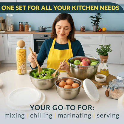 Baker's Signature Stainless Steel Mixing Bowls With Lid, Metal Mixing Bowl Set Of 5, Nesting Set For Food Prep, Baking,Storage, Cooking, Serving | Dishwasher Safe, 0.5/1.5/3/4/5 Qt