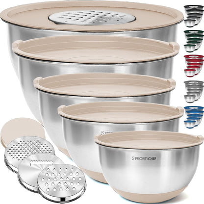 Priority Chef Stainless Steel Mixing Bowls with Lids Set, 3 Grater Attachments, Airtight Lids, Non-Slip Silicone Base Mixing Bowl Set, Large Prep Metal Mixing Bowls for Kitchen, Black