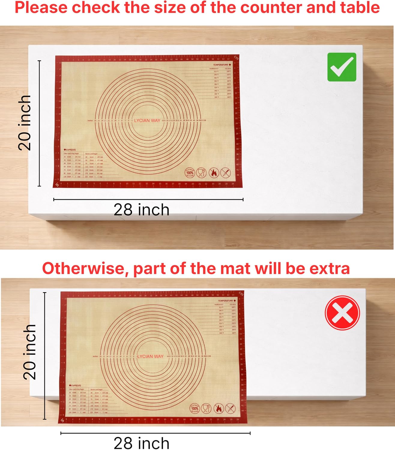 Silicone Pastry Mat with Measurements, 28 x 20 Inch Extra Thick Non-Slip Nonstick XL Baking Mat for Dough Rolling, Kneading, Fondant and Pie, Red