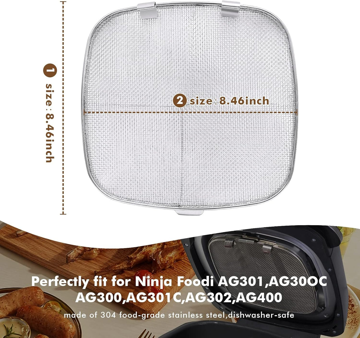 Stainless Steel Splatter Shield for Ninja Foodi AG301, Air Fryer Accessories for Ninja Foodi 5-in-1 Indoor Grill, Replacement Parts Splatter Screen for Ninja Foodi AG300, AG300C,AG301C, AG302, AG400