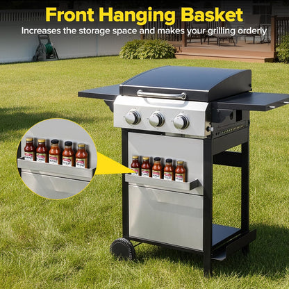 CIG GARDEN 3-Burner Gas Grill & Griddle Combo, 2-in-1 Propane BBQ with Stainless Steel Griddle, Cast Iron Grates & Lid - 30,000 BTU Flat Top for Patio, Backyard, Camping