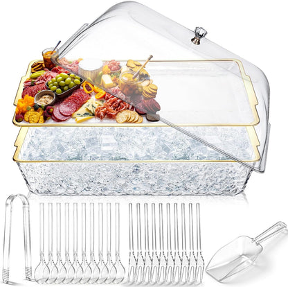 Baderke 16" x 9" Chilled Serving Tray for Parties with lids Compartments Ice Chilled Party Platter Charcuterie Serving Board Cold Dish Dip with Tongs for Fruit Seafood Vegetable (Dark Wood)