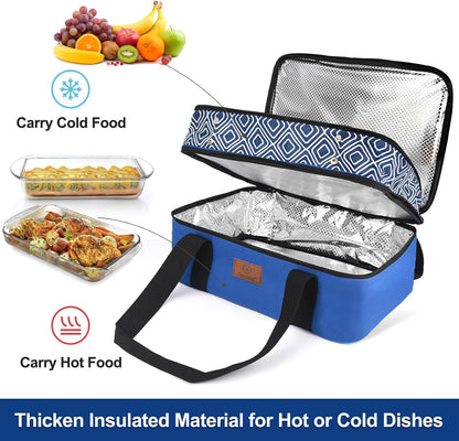 Genteen Insulated Casserole Carrier,Expandable Double Insulated Food Carrier for Hot and Cold Food, Fits 9x13 Casserole Dish,Lasagna Holder Tote for Parties Potluck Picnic (Blue)