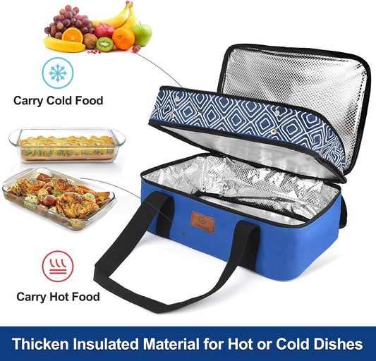 Genteen Insulated Casserole Carrier,Expandable Double Insulated Food Carrier for Hot and Cold Food, Fits 9x13 Casserole Dish,Lasagna Holder Tote for Parties Potluck Picnic (Blue)