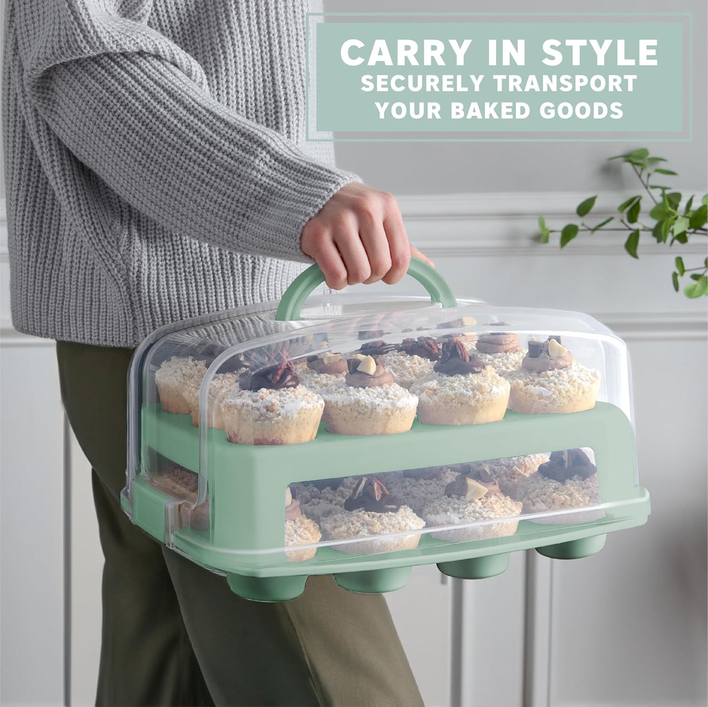 EXTRA TALL DOME 24 Cupcake Carrier, Green Cupcake Holder Carries 24 Cupcake Storage Container, Muffin Traveler Two Tier Stand Reusable Cupcake Box