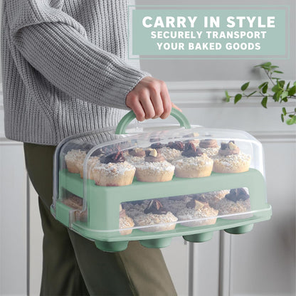 EXTRA TALL DOME 24 Cupcake Carrier, Green Cupcake Holder Carries 24 Cupcake Storage Container, Muffin Traveler Two Tier Stand Reusable Cupcake Box