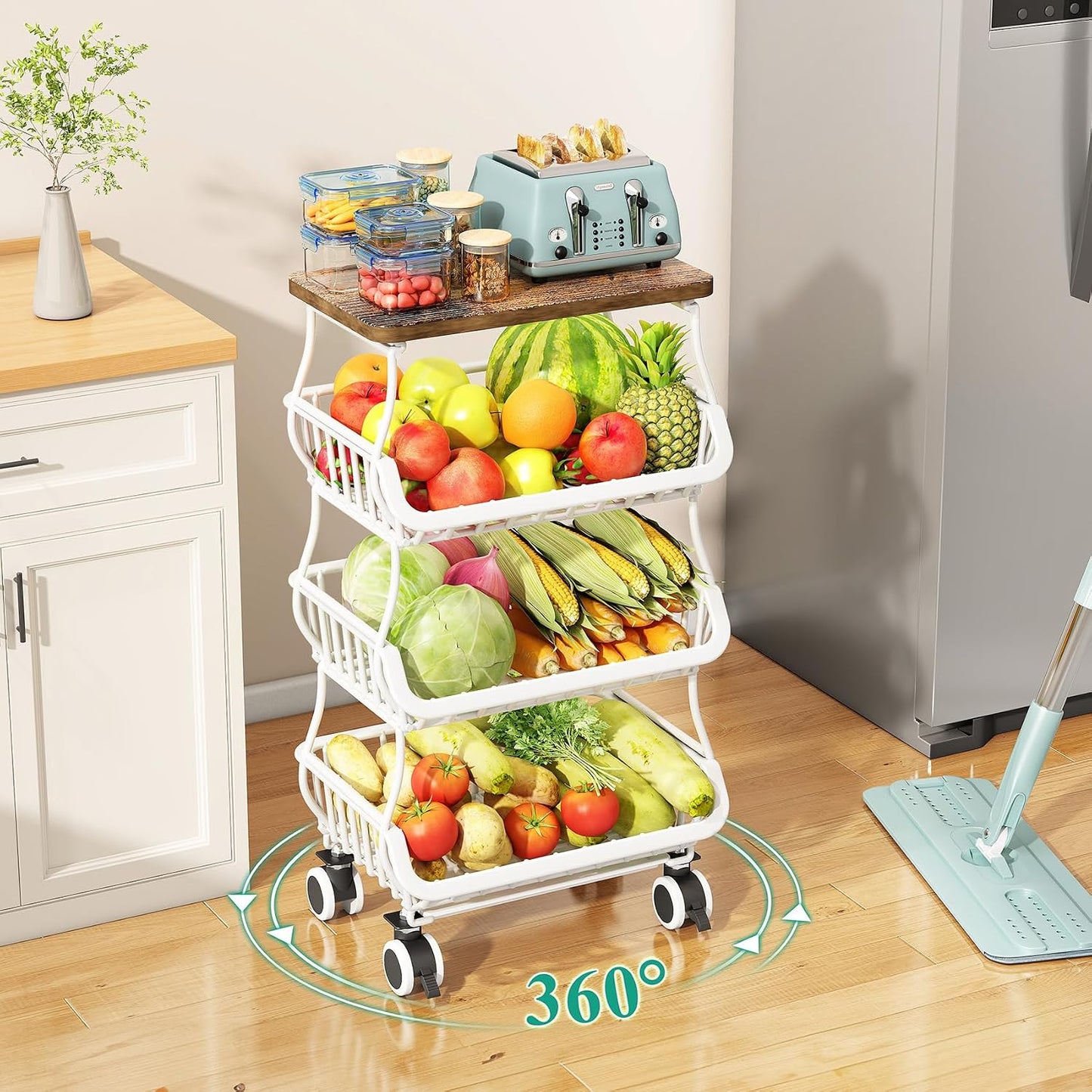 SAYZH Fruit Basket Kitchen Pantry Organizers and Storage - Wooden Top Table, Stackable Metal Wire Basket Stand Cart for Fruit Vegetable Snacks Onion Potato Organization (Black, 5 Tiers)