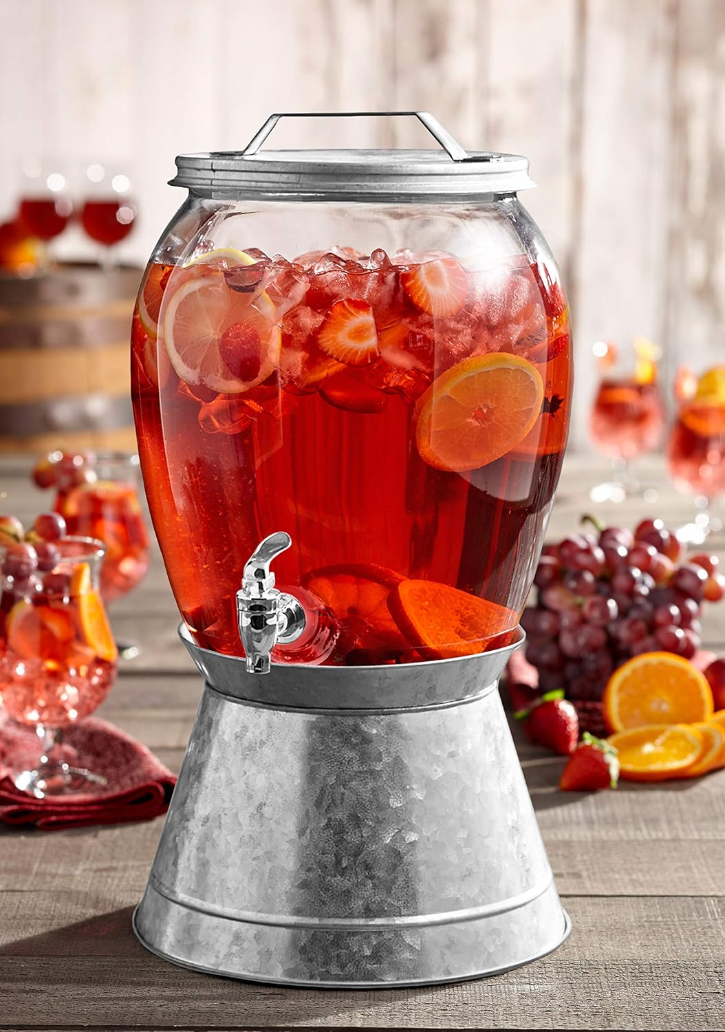 Style Setter Beverage Dispenser Cold Drink Dispenser Glass Jug, Metal Stand & Leak-Proof Acrylic Spigot Great for Parties, Weddings & More (With Metal Rack)