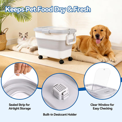 Dog Food Storage Container 20-25lbs, Airtight Pet Food Bin with Locking Lid & Clear Window, Collapsible Rolling Storage Container with Wheels & Scoop, Black
