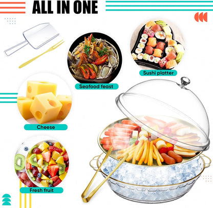 Baderke 11.8" Chilled Serving Tray for Parties with Compartments and lid Ice Chilled Party Platter Charcuterie Serving Board Cold Dish Dip for Fruit Seafood Vegetable Shrimp Cocktail(Silver,2 Pcs)