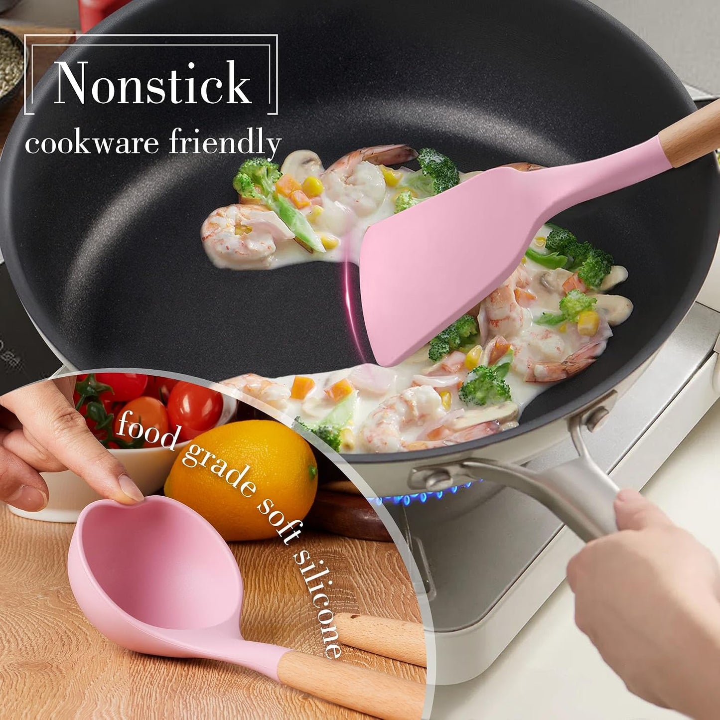 LIANYU 15 PCS Silicone Kitchen Utensils Set with Holder, Cooking Utensils set for Nonstick Cookware, Heat Resistant & Non Toxic Spatula Ladle Tong, White