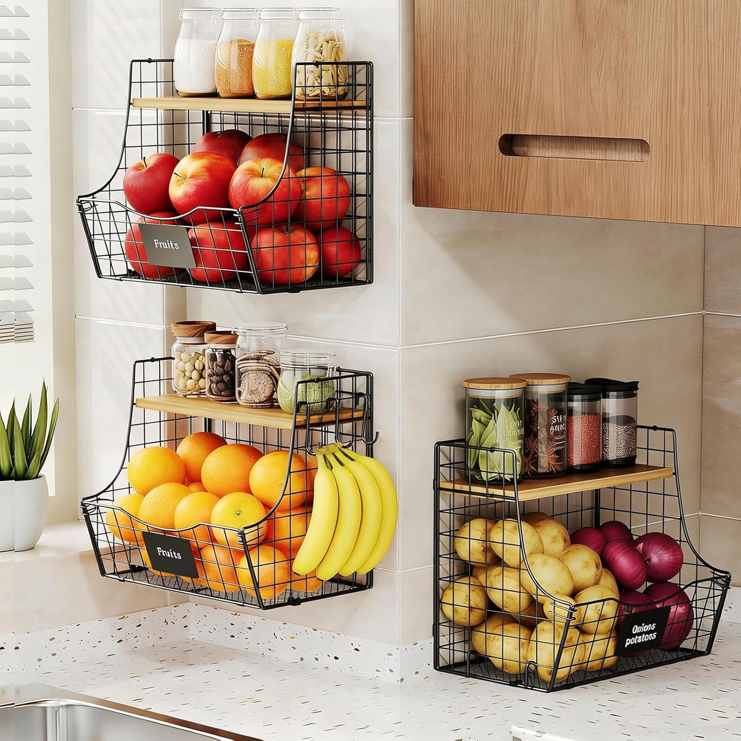 3 Pack Extra Large Fruit Basket for Kitchen with Wood Lid Nameplate - Counter&Wall Mounted Onion and Potato Storage Bin, Stackable Metal Hanging Wire Baskets,15.74 * 8.66 * 10.63 inch
