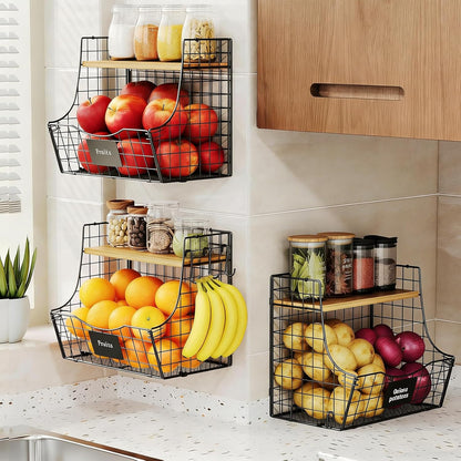 3 Pack Extra Large Fruit Basket for Kitchen with Wood Lid Nameplate - Counter&Wall Mounted Onion and Potato Storage Bin, Stackable Metal Hanging Wire Baskets,15.74 * 8.66 * 10.63 inch