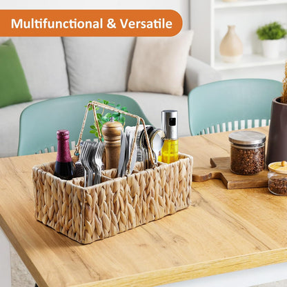 Silverware Holder for Party, Wicker Utensil Caddy, Woven Picnic Caddy for Plates, Water Hyacinth Cutlery Basket, Hosting Essentials Organizer