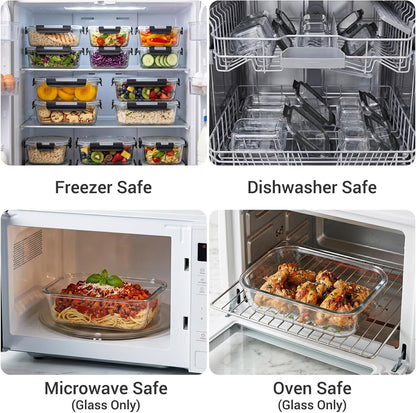 Dealusy 10 Sets (20-Piece) 36 oz & 12 oz Glass Food Storage Containers with lids, Airtight Leak-proof Glass Meal Prep Containers with Lids, Microwave Oven Freezer Dishwasher Safe, Gray