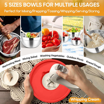 Herogo 5-Piece Mixing Bowls with Airtight Lids, 3 Grater Attachments, Stainless Steel Salad Serving Bowls for Kitchen, Size 4.6, 3.5, 2.5, 2, 1.5QT Ideal for Prepping & Cooking, Black