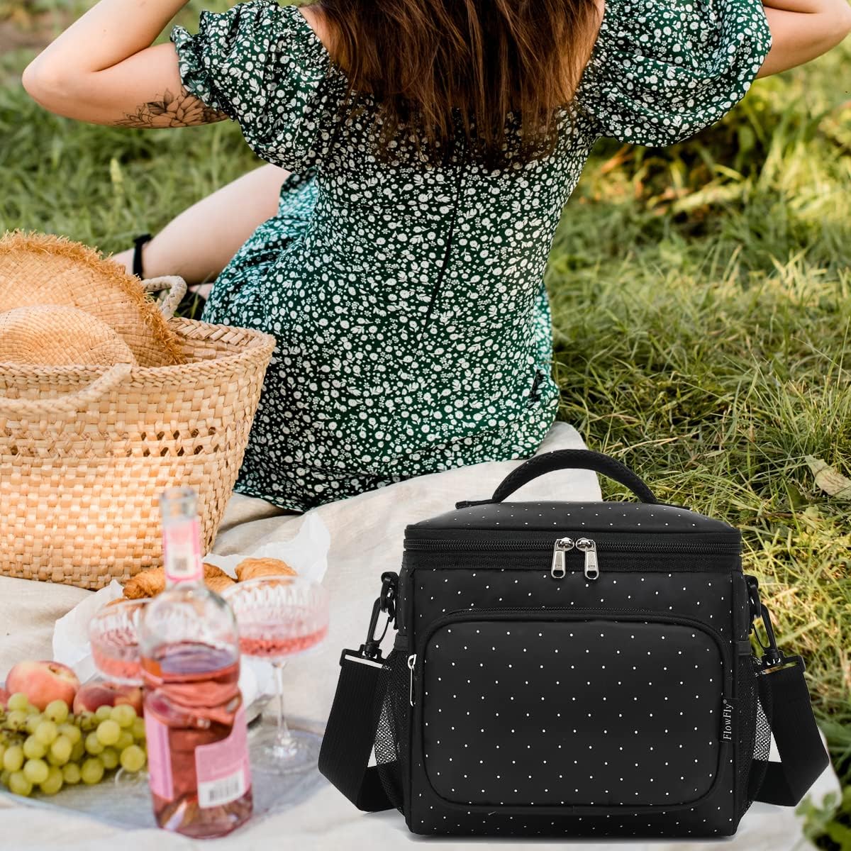 FlowFly Insulated Reusable Lunch Bag Adult Large Lunch Box for Women and Men with Adjustable Shoulder Strap,Front Zipper Pocket and Dual Large Mesh Side Pockets,Cherry - Colors B