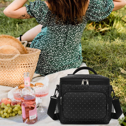 FlowFly Insulated Reusable Lunch Bag Adult Large Lunch Box for Women and Men with Adjustable Shoulder Strap,Front Zipper Pocket and Dual Large Mesh Side Pockets,Cherry - Colors B