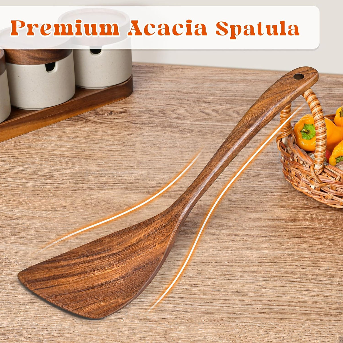 Wooden Spatula, Acacia Solid & Slotted Turner Spatula Set, Long Handle Flat Frying Spatulas, Ideal Kitchen Gift for Mother and Grandma, Kitchen Utensils Set for Cooking, Frying, Baking