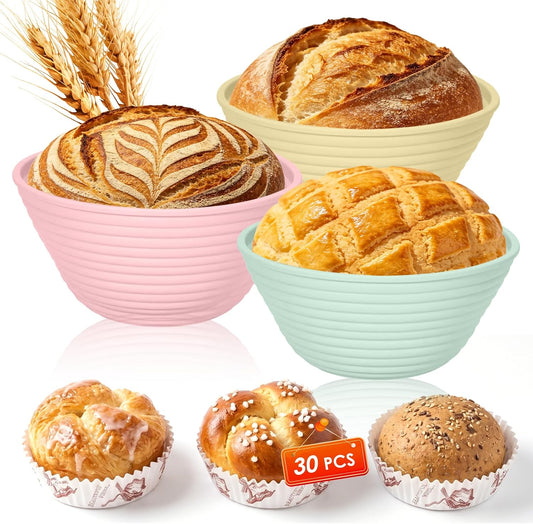 Banneton Bread Proofing Baskets: 3 Pack Silicone Sourdough Starter Kit - 5'' Round Collapsible Non-Stick Dough Bowls with 30 Baking Liners (Green/Yellow/Pink)