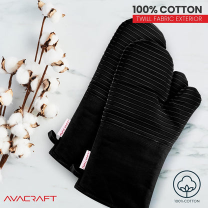 AVACRAFT Oven Mitts Pair, Flexible, 100% Cotton with Unique Heat Resistant Food Grade Silicone, Thick Terry Cloth Interior, 500 F Heat Resistant (Red Oven Mitts)
