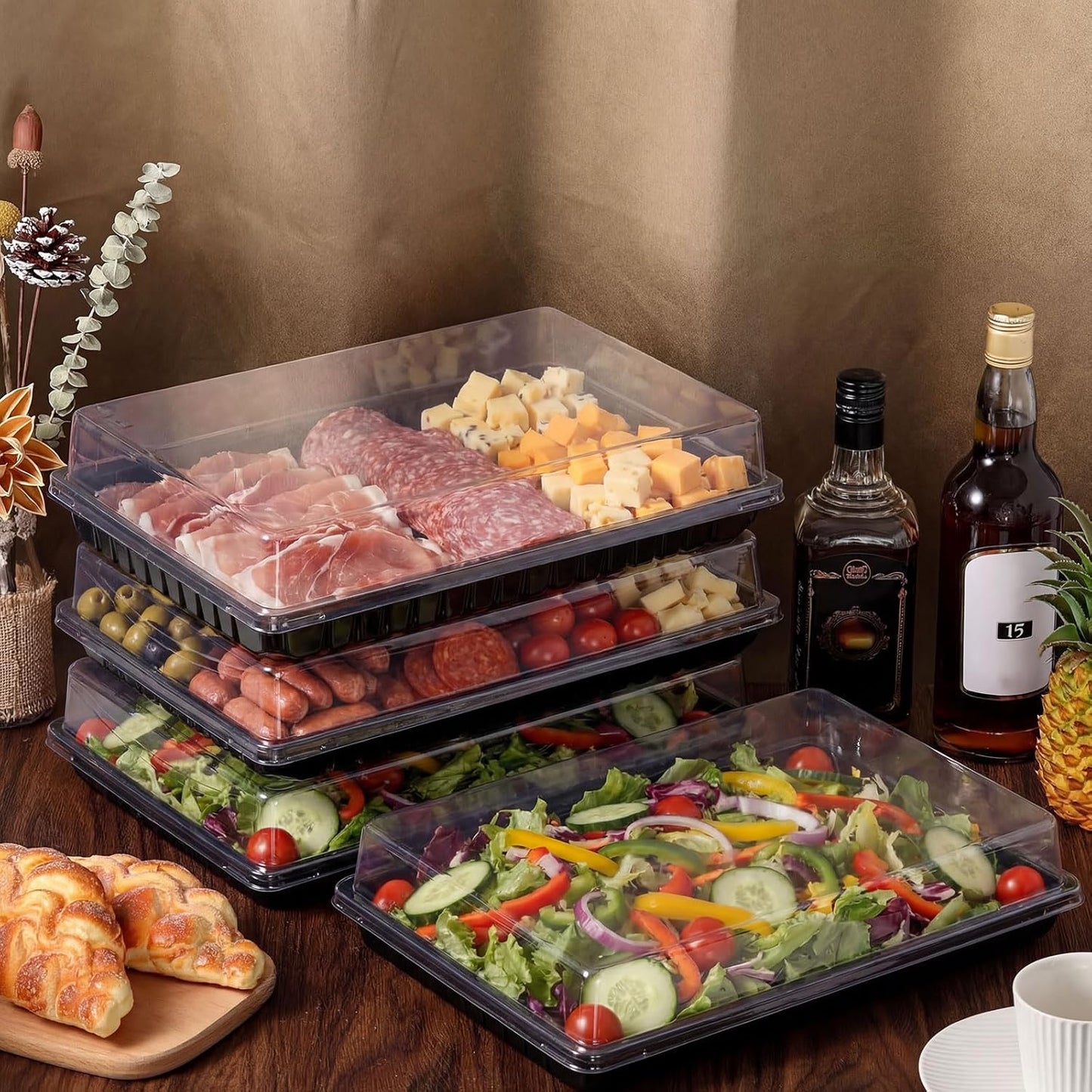 Shellwei 5 Pack Extra Large Charcuterie Board with Lids, 15 x 10 Inch Plastic Catering Trays for Cookies, Desserts, Candy, Reusable Serving Platters for Travel Party
