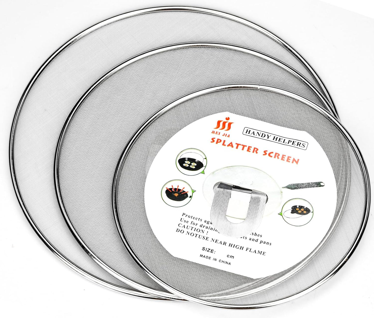 Splatter Screen for Frying Pan 13" 11.5" 9.8" Stainless Steel Fine Mesh Grease Splatter Guard with Comfort Silicone Handles and Resting Feet for Prevent Oil Splatter Safe Cooking