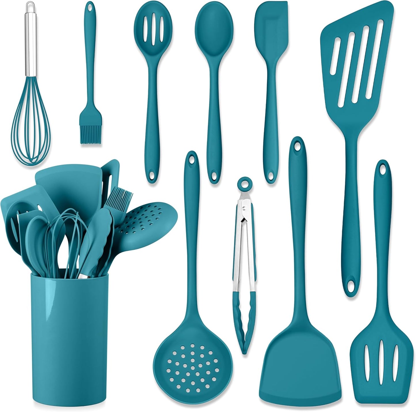 HaWare 11 PCS Silicone Cooking Utensils Set, Heat Resistant Kitchen Utensils with Holder, Food-grade Spatula Sets for Nonstick Cookware, Kitchen Tools Gadgets Include Fish Turner, Spoon (Black)