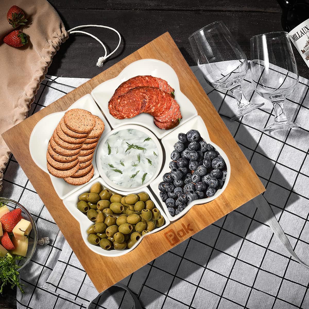 Pak Acacia Wood Serving Tray, 12" Square, Natural Brown & White, 5-Piece Set, Dishwasher Safe, Freezer & Microwave Safe, Perfect for Appetizer, Veggie, Taco, Fruit Platter