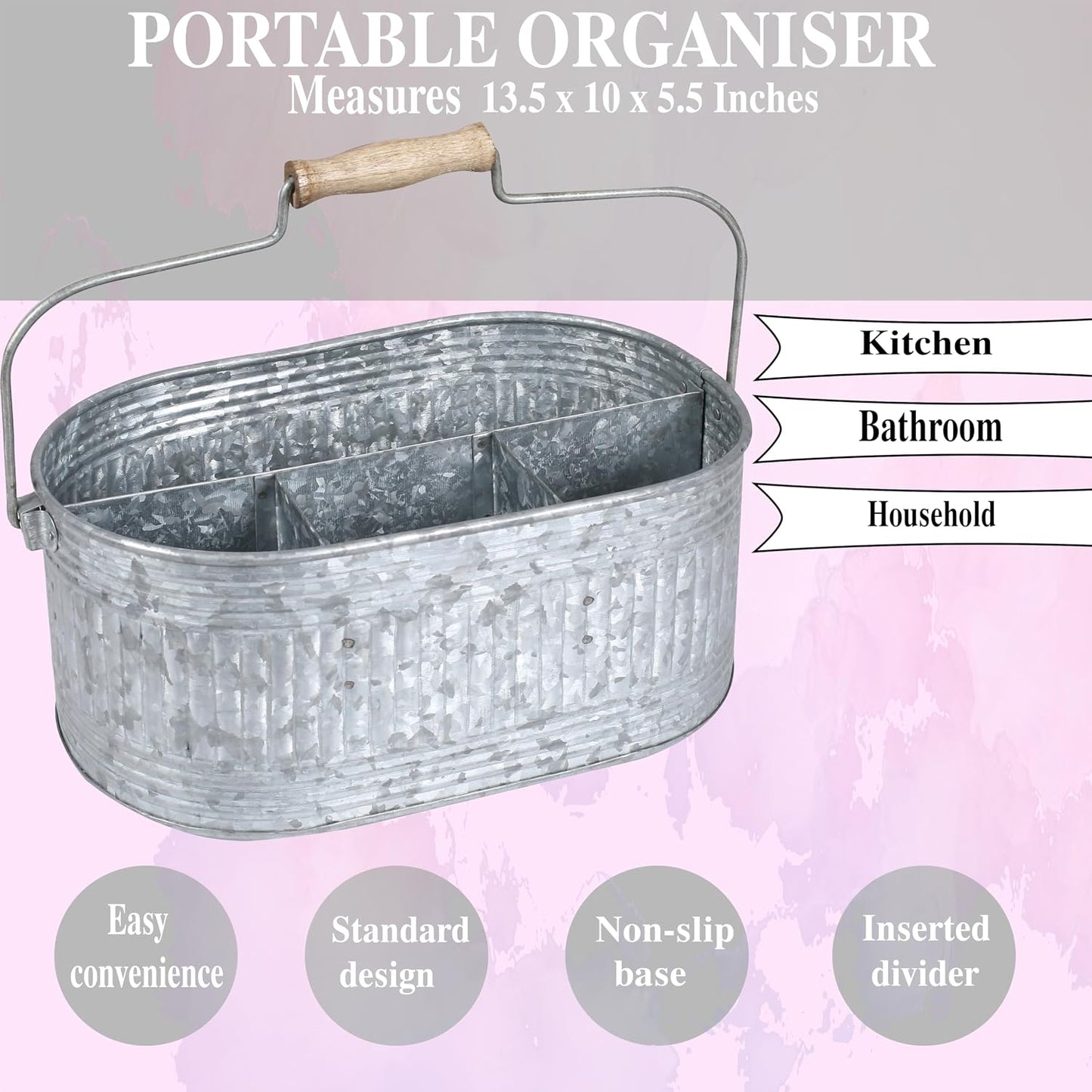 CLEENTABLE Farmhouse Galvanized Metal Utensil Caddy – 4-Compartment Silverware Organizer with Removable Handle for Countertop, Picnic & Party Use (10"x6.5"x5.5", Grey)