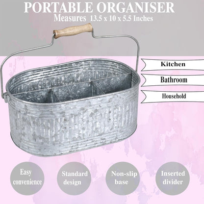 CLEENTABLE Farmhouse Galvanized Metal Utensil Caddy – 4-Compartment Silverware Organizer with Removable Handle for Countertop, Picnic & Party Use (10"x6.5"x5.5", Grey)