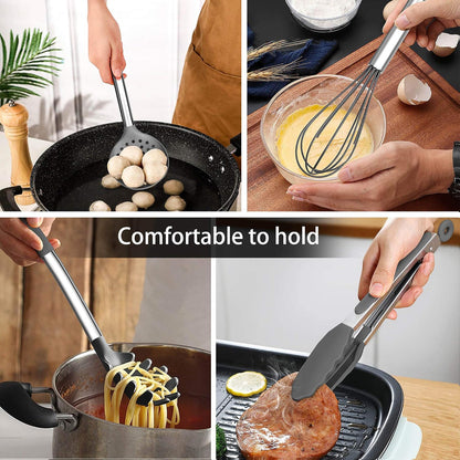 LIANYU 15 Pcs Kitchen Cooking Utensils Set with Holder, Silicone Kitchen Tools with Stainless Steel Handle, Heat Resistant Gadgets, Brush Spatula Spoon Whisk for Cookware, Dishwasher Safe, Khaki