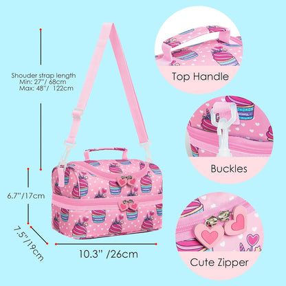 Insulated Kids Dual Compartment Lunch Bags Tote Pack for Girls Boys Toddler Kindergarten School Picnic Cooler Thermal Lunch Boxes with Strap (Green Rainbow)