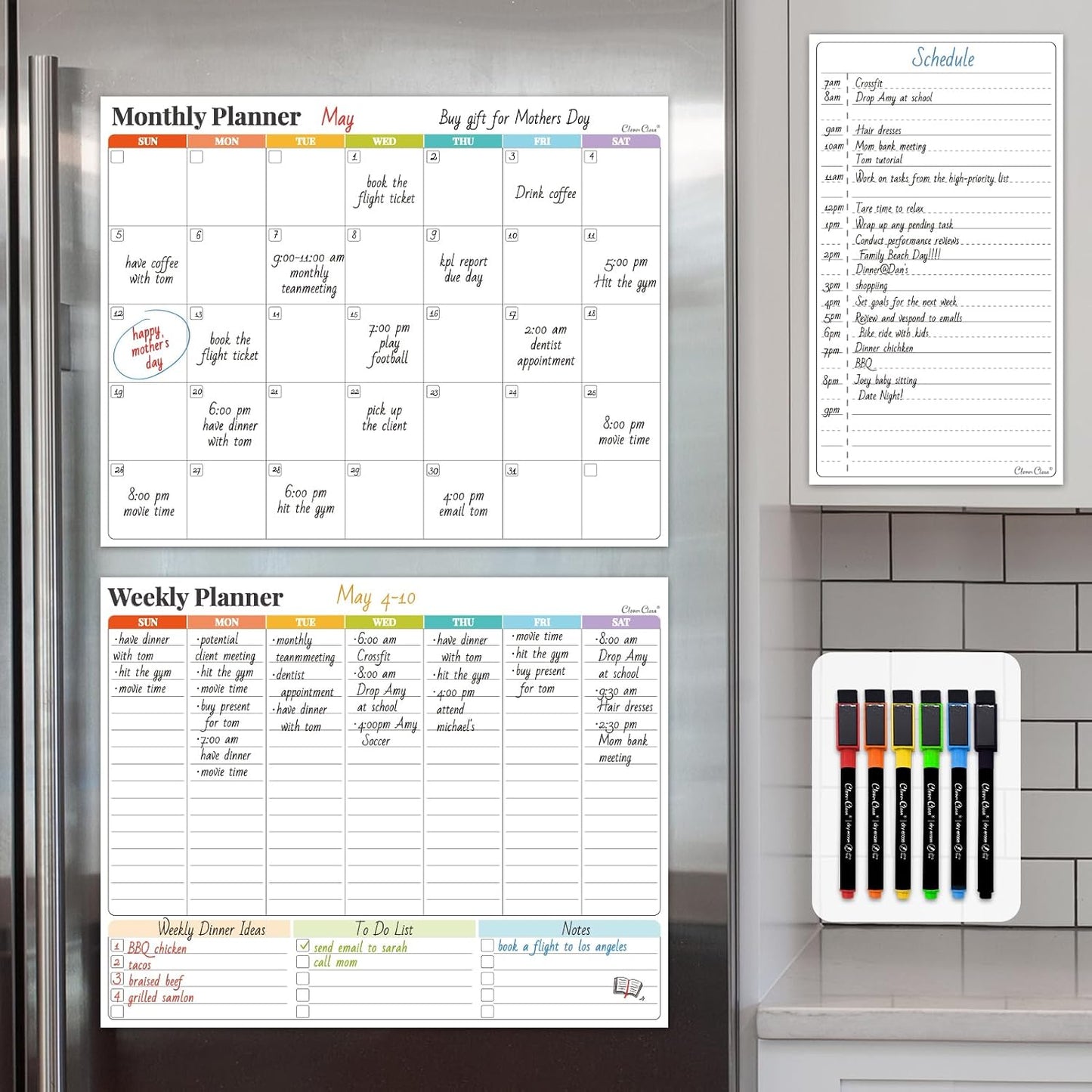 Non-Magnetic Dry Erase Calendar Set for Fridge - Reusable Monthly and Weekly Calendar Sticks to Most Smooth Surfaces - 6 Dry Erase Markers Included - Shipped Flat