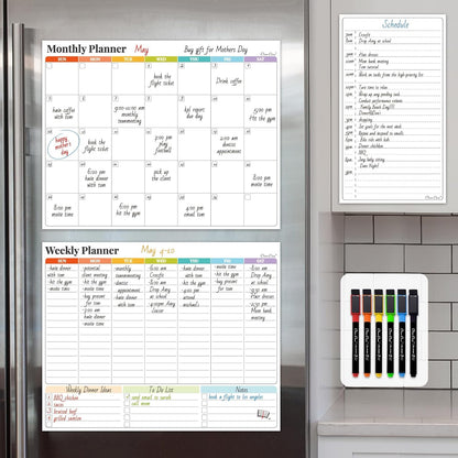 Non-Magnetic Dry Erase Calendar Set for Fridge - Reusable Monthly and Weekly Calendar Sticks to Most Smooth Surfaces - 6 Dry Erase Markers Included - Shipped Flat