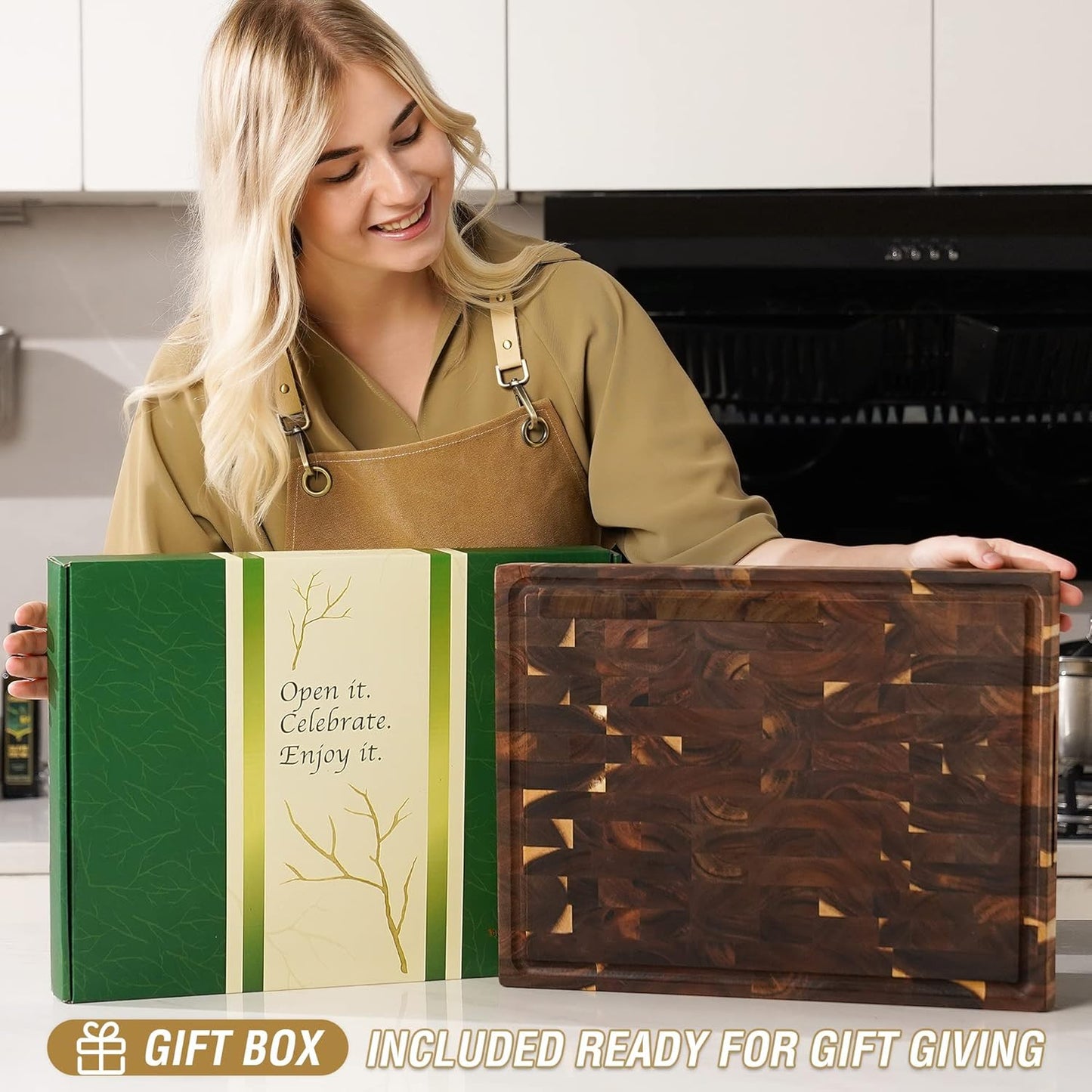 AZRHOM Large Wood Cutting Boards Set of 4 for Kitchen Cheese Charcuterie Board (Gift Box Included) Acacia Butcher Block with Non-slip Mats, Juice Groove and Handles (16x12, 14x10, double 11x8 inch)-4