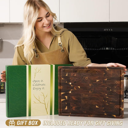 AZRHOM Large Wood Cutting Boards Set of 4 for Kitchen Cheese Charcuterie Board (Gift Box Included) Acacia Butcher Block with Non-slip Mats, Juice Groove and Handles (16x12, 14x10, double 11x8 inch)-4