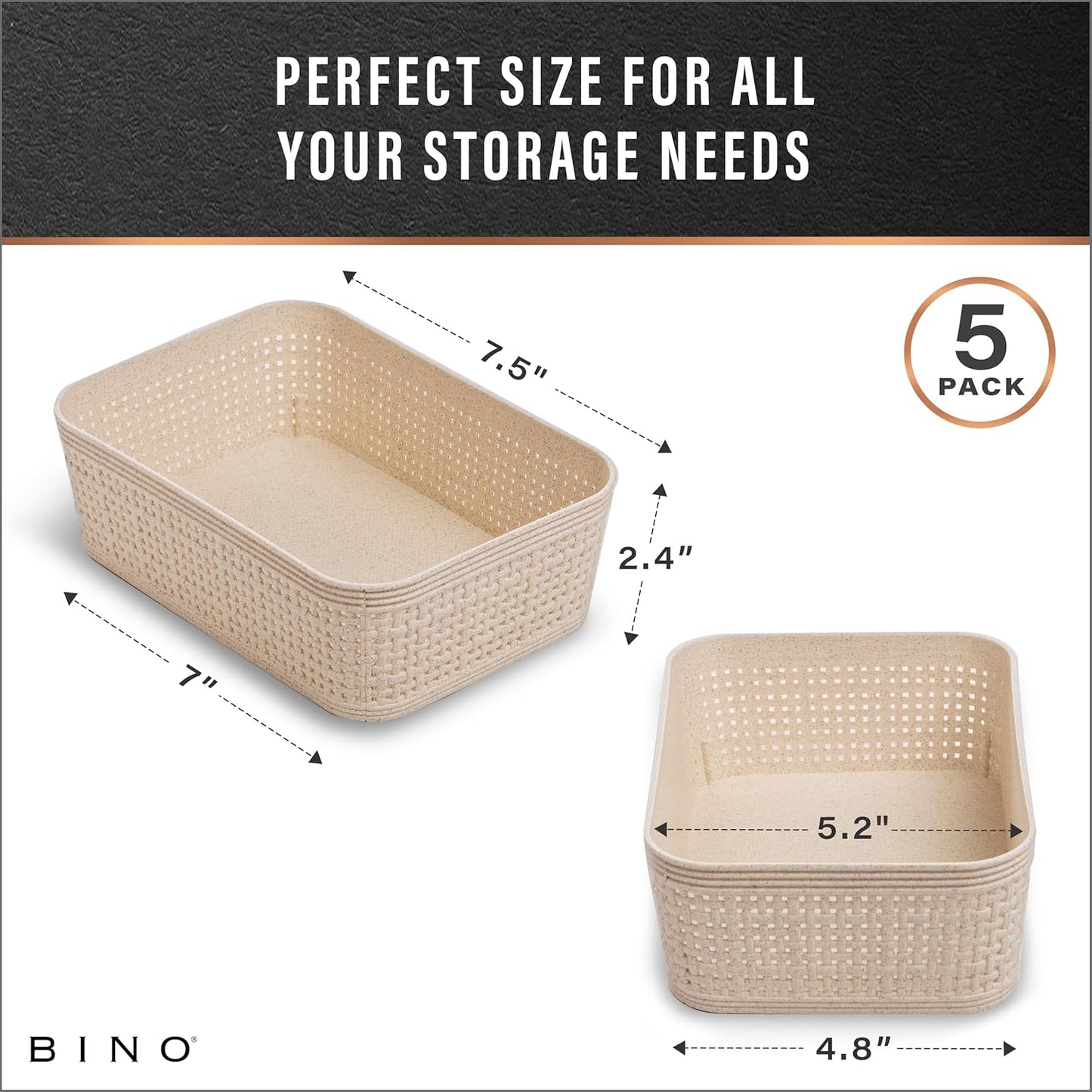 BINO Woven Plastic Basket | Large (Natural), 3-Pack | THE JUTE COLLECTION | Home Organization, Space-Saving Storage, Stylish Design | Plastic Storage Basket