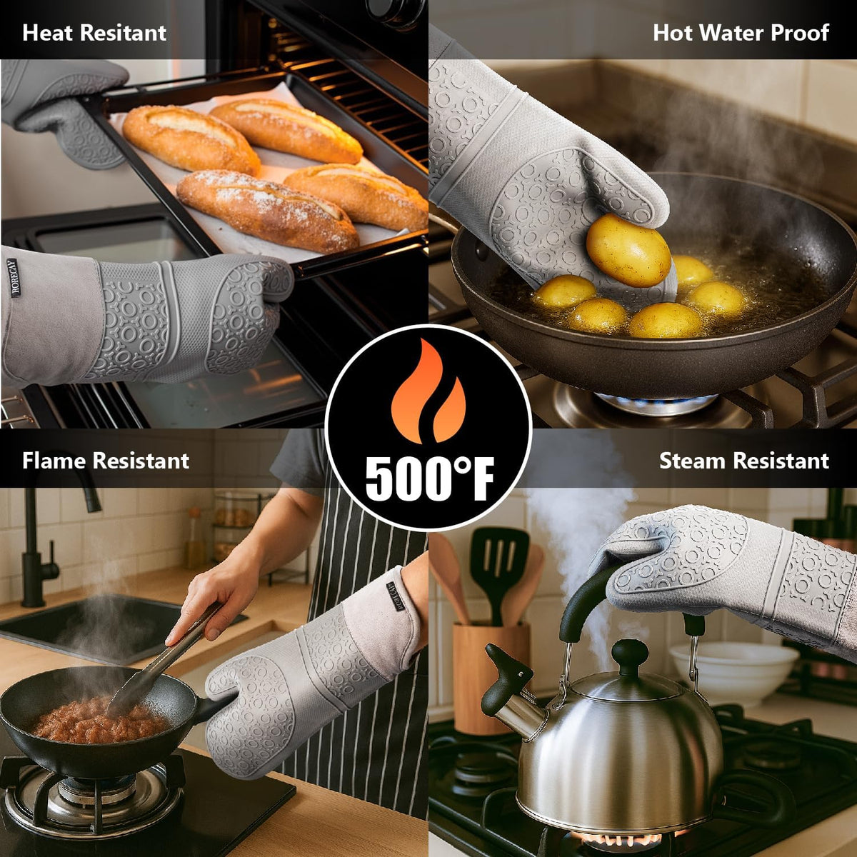 RORECAY Silicone Oven Mitts and Pot Holders Sets, Gloves for Kitchen, Beige